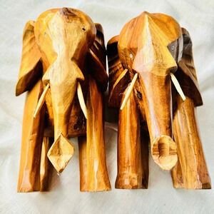 Vintage Hand Carved Wooden Pair of Standing Elephant